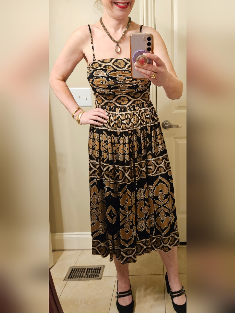 WHBM Black & Gold Strapless Midi Dress Size 2 | Convertible Straps, Ruched, Boho